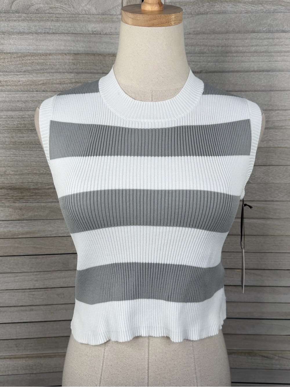 SINCERELY JULES Striped Cropped Stretchy Ribbed Tank Top Gray/White-Large